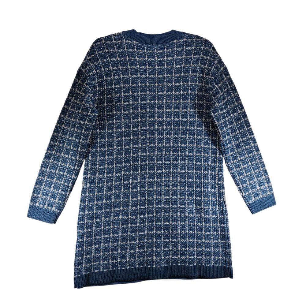 Talbots 100% Merino Wool Longline Cardigan S Small Blue Gold Buttons Plaid Soft - Picture 2 of 10